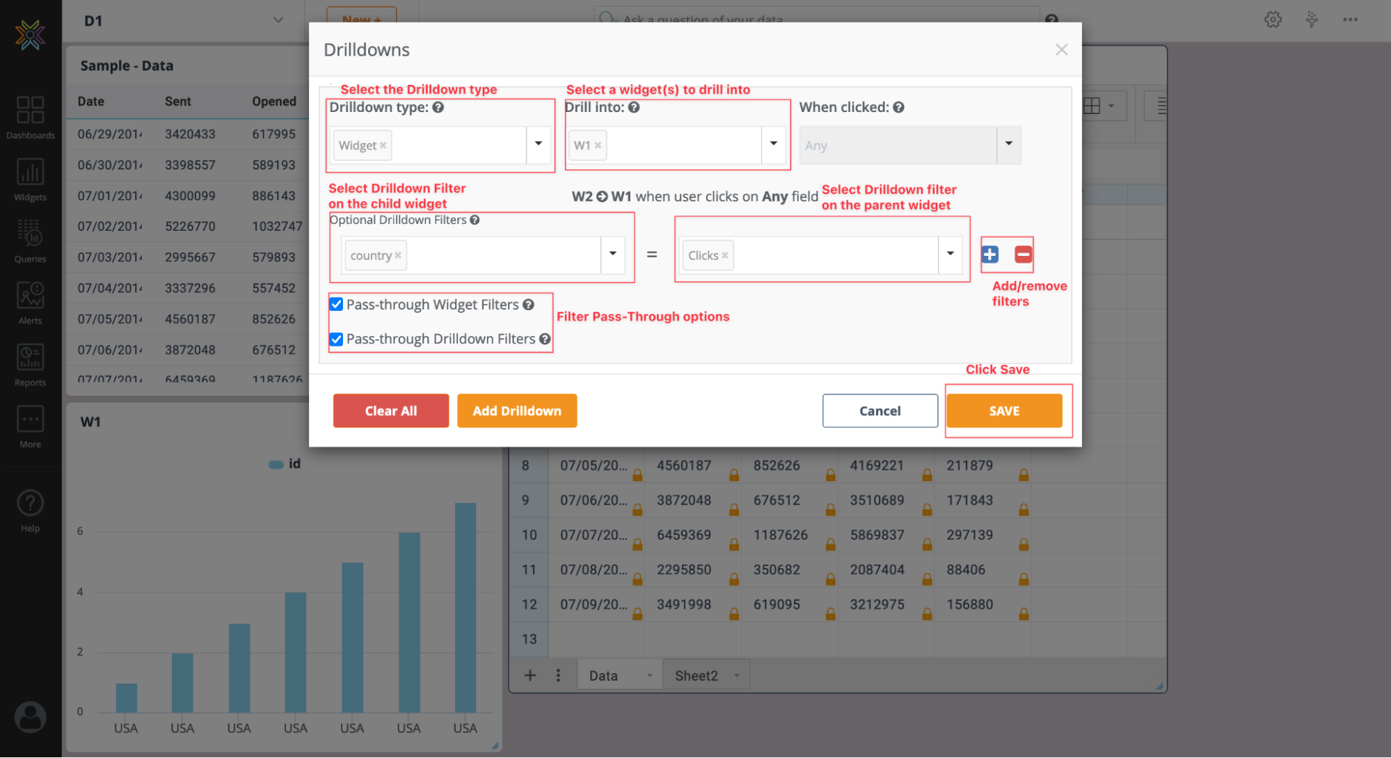 widget level drilldowns